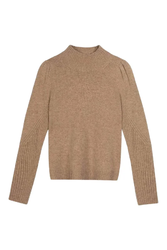 Repeat Cashmere Mock Neck Sweater with Shoulder Detail in Taupe