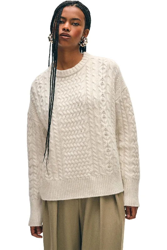 White & Warren Cashmere Blend Fisherman Sweater in Ivory