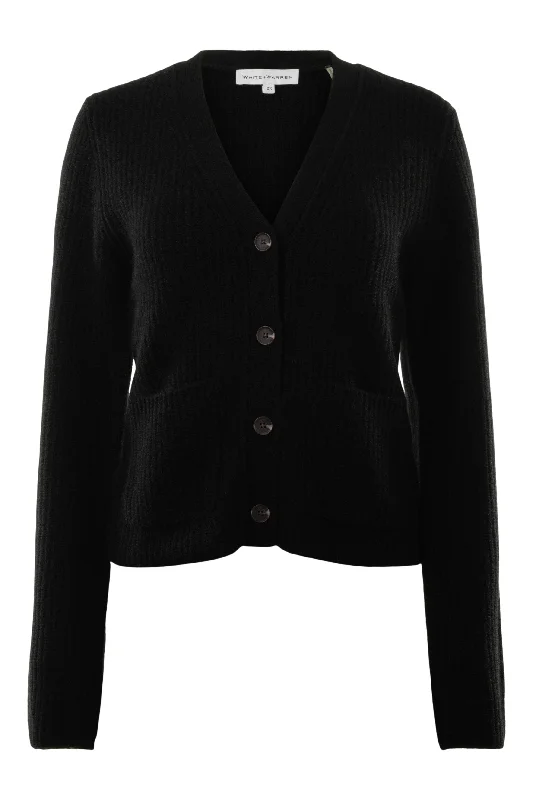 White & Warren Cashmere Fluted Sleeve Cardigan in Black