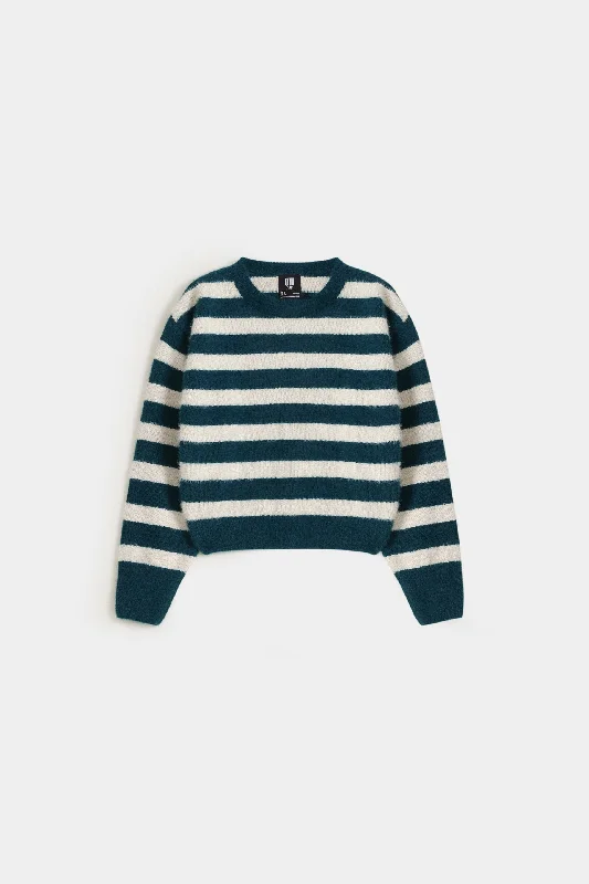 Cropped Crew Neck Striped Sweater