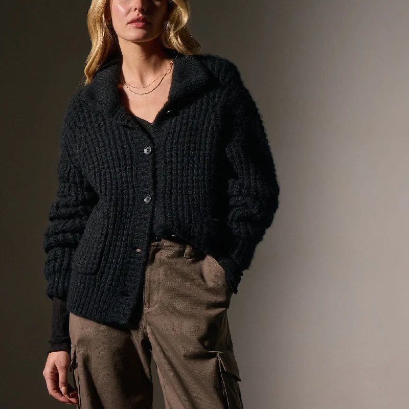 Cashmere Chunky Waffle Cardigan - True Black