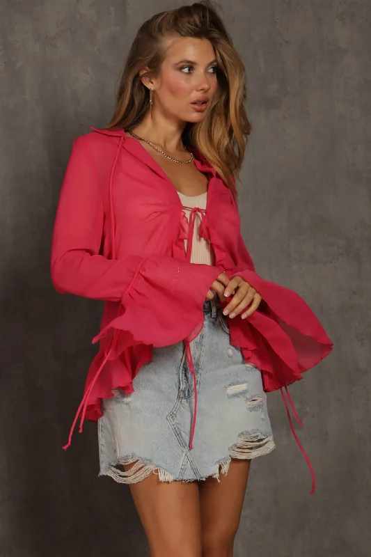 Paris Sheer Ruffle Tie Blouse Monochromatic All - in - one