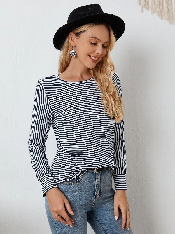 Casual Striped Long Sleeve Round Neck Regular Women T-Shirt