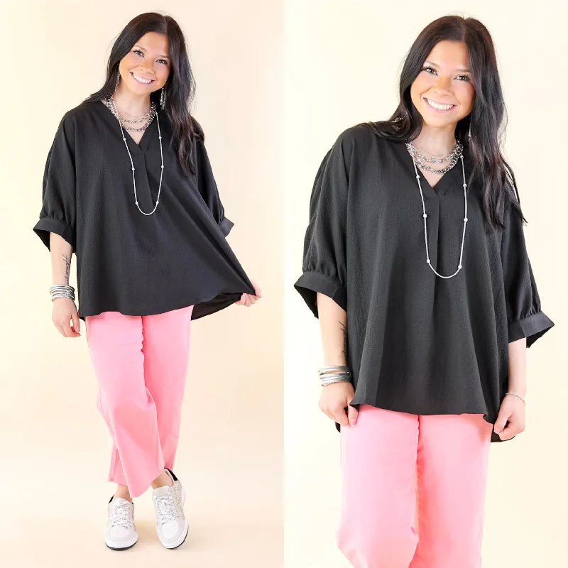 Chic and Charming V Neck Poncho Top with 3/4 Sleeves in Black