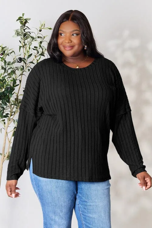Ribbed Round Neck Slit Side Top Casual Women's Loose - fitting