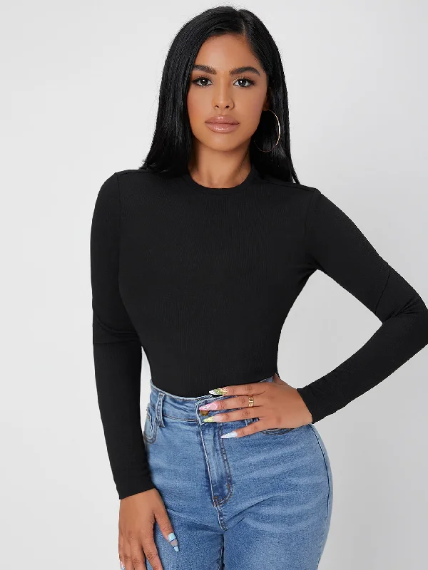 Casual Plain Rib-Knit Long Sleeve Round Neck Crop Womens T-Shirt