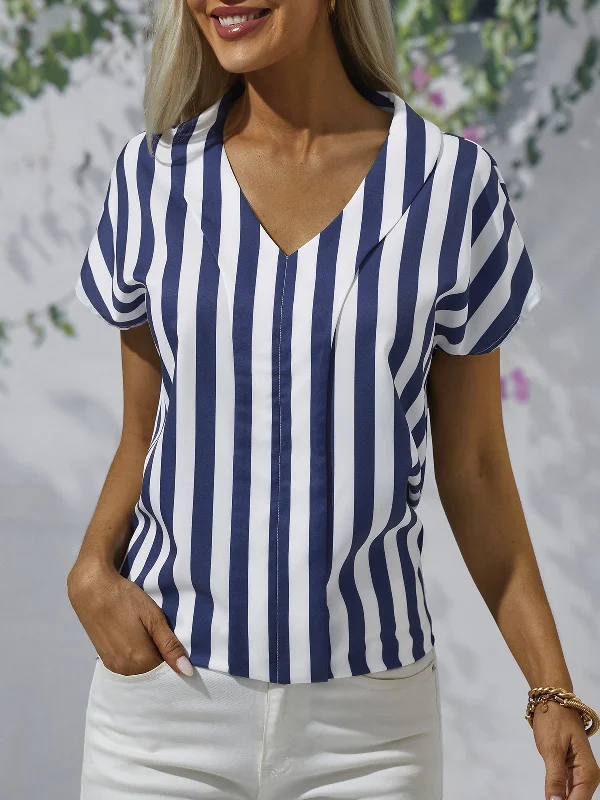 Loose Short Sleeve V Neck Striped Casual Regular Blouse Traditional Women's 