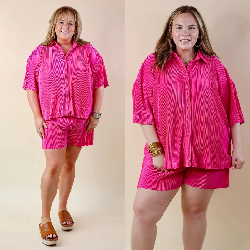 Make Me Dance Plissé Ribbed Button Up Top in Pink