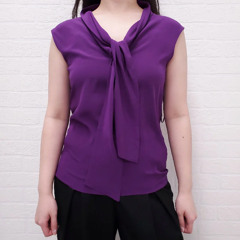 GUCCI PURPLE SILK TIE SLEEVELESS BLOUSE - SIZE 40