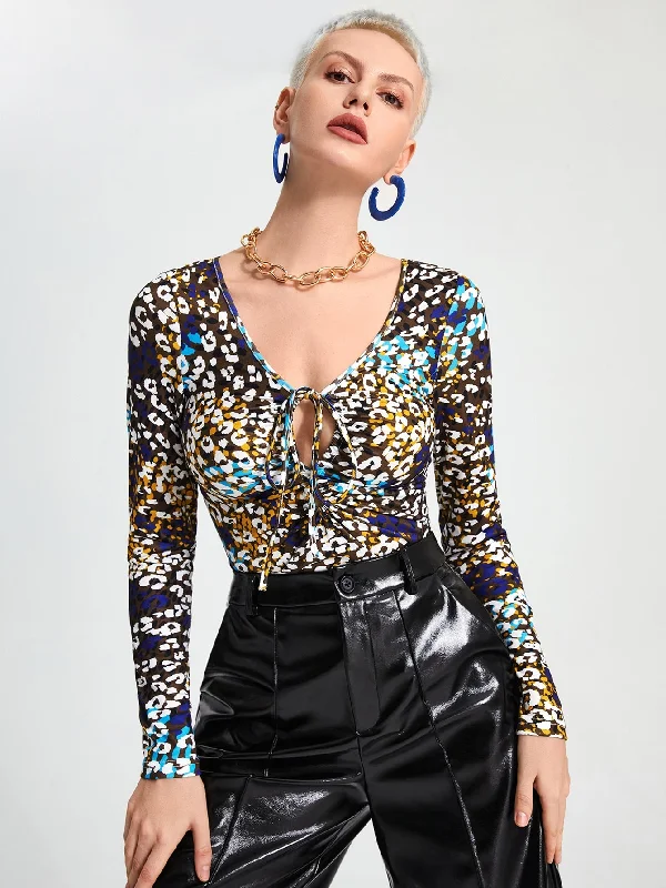 Glamorous Leopard Tie Front Long Sleeve V Neck Regular Women T-Shirt