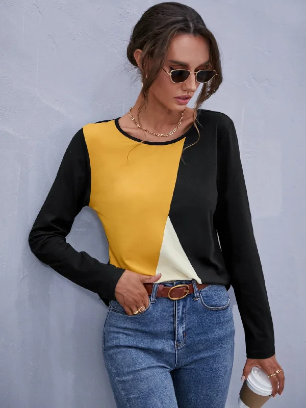 Casual Colorblock Long Sleeve Round Neck Regular Women T-Shirt