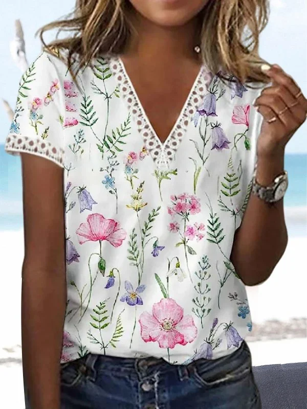Casual Short Sleeve V Neck Floral Pattern Regular T-Shirt Sustainable Organic