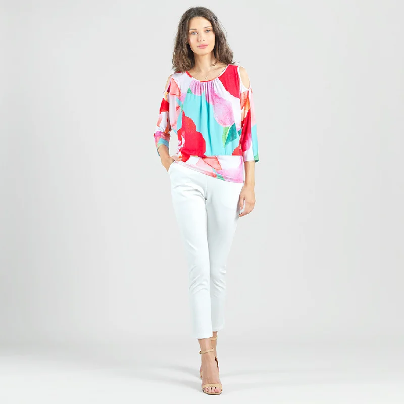 Open Shoulder Blouson Waist Top - Petal Watercolor