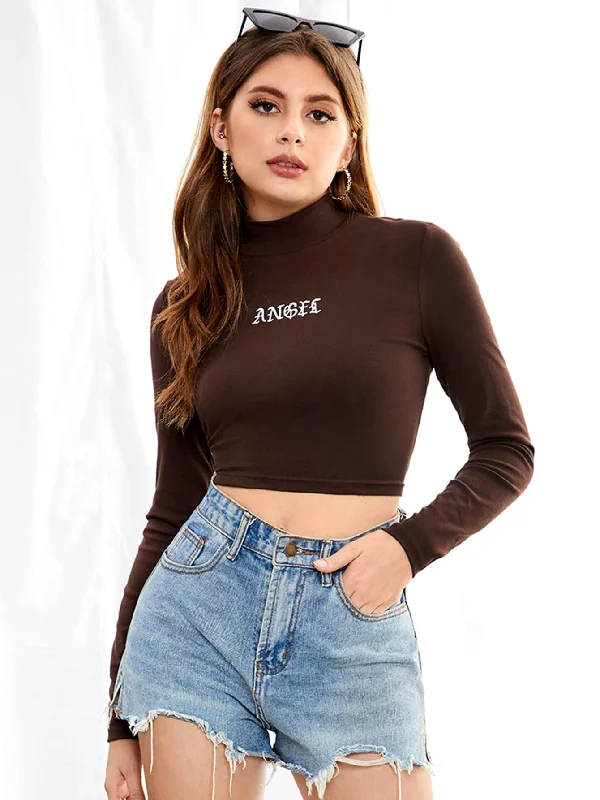 Casual Letter Long Sleeve High Neck Crop Women T-Shirt