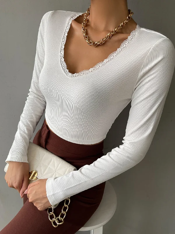 Casual Plain Rib-Knit Long Sleeve V Neck Crop Women T-Shirt