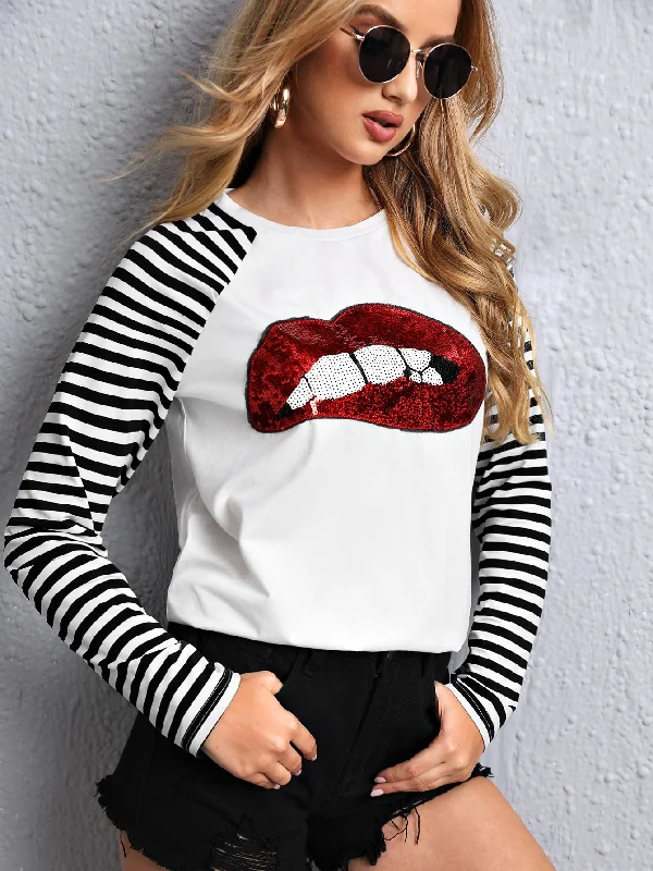 Casual Figure Contrast Sequin Long Sleeve Round Neck Regular Women T-Shirt