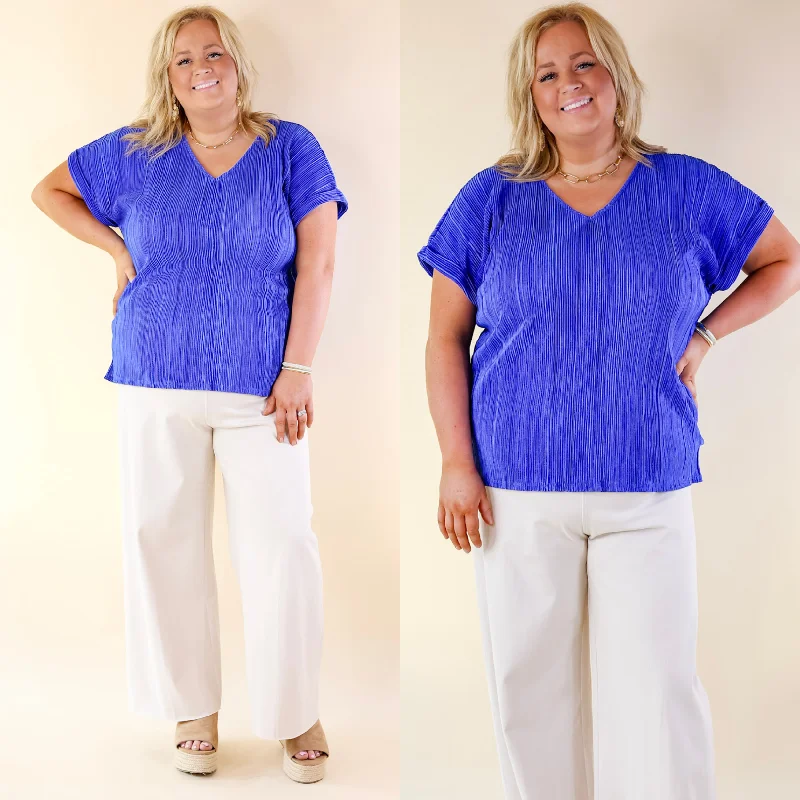 Casual Charm V Neck Plissé Top in Royal Blue