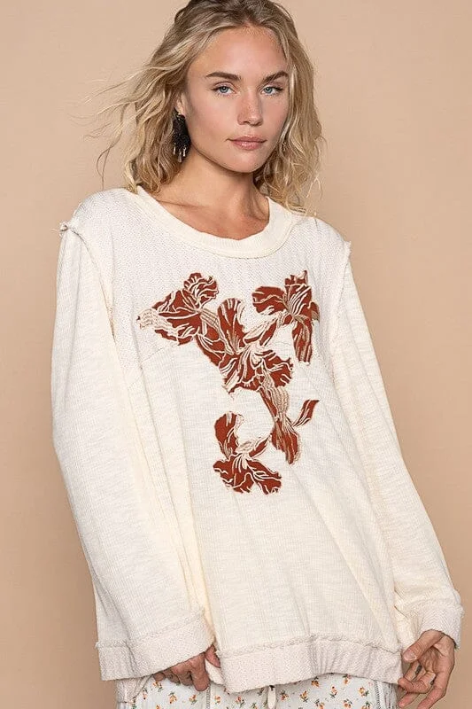 POL Embroidered Round Neck Long Sleeve Knit Top Dapper Women's Bow - adorned