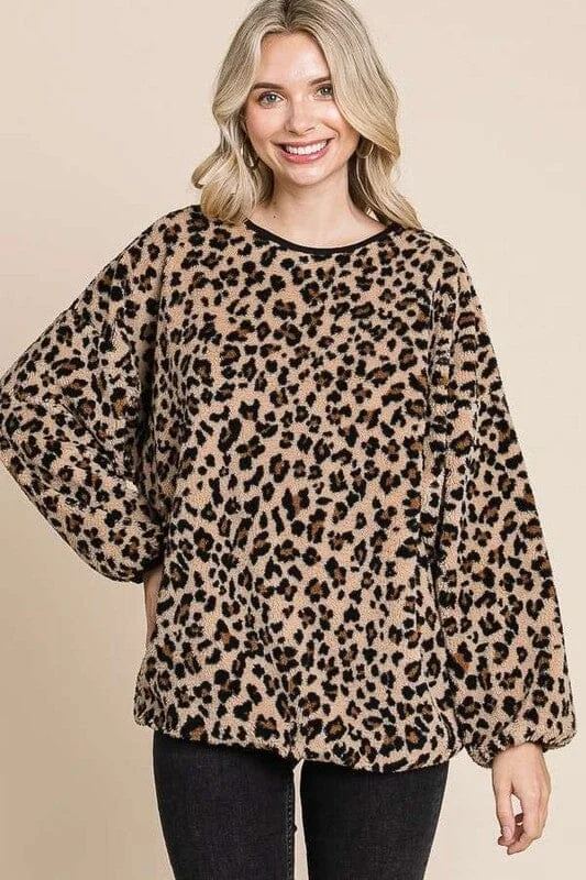 Culture Code Leopard Faux Fur Round Neck Top Casual Women's Loose - fitting