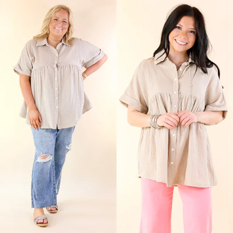 Mellow Mood Collared Button Up Babydoll Top in Taupe