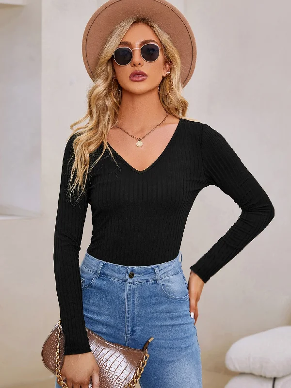 Basics Plain Rib-Knit Long Sleeve V Neck Regular Women T-Shirt