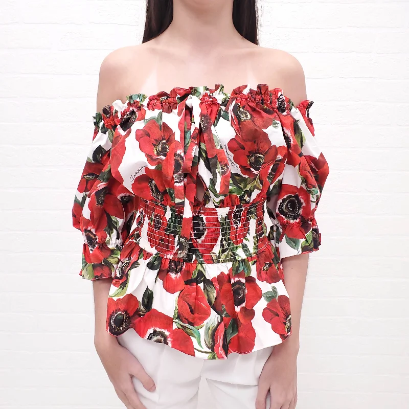 DOLCE & GABBANA RED ANEMONE POPLIN BLOUSE - SIZE 34