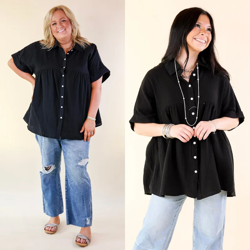 Mellow Mood Collared Button Up Babydoll Top in Black