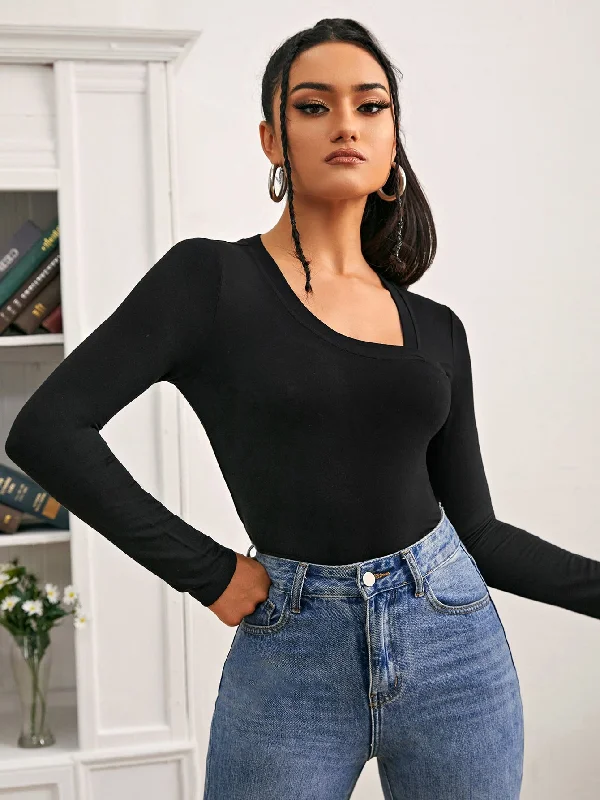 Casual Plain Asymmetrical Long Sleeve Asymmetrical Neck Crop Women T-Shirt