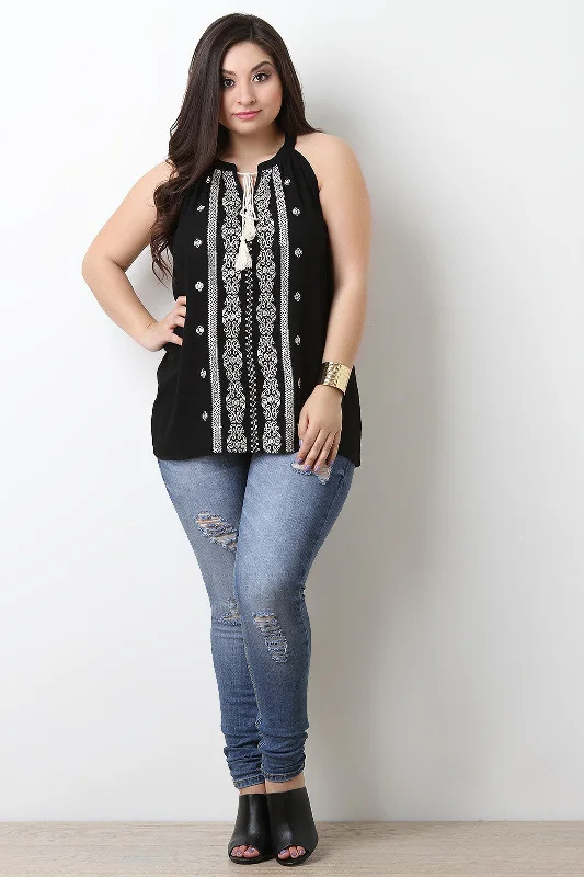 Sleeveless Embroidery Pattern Tassel Top Athletic Women's 