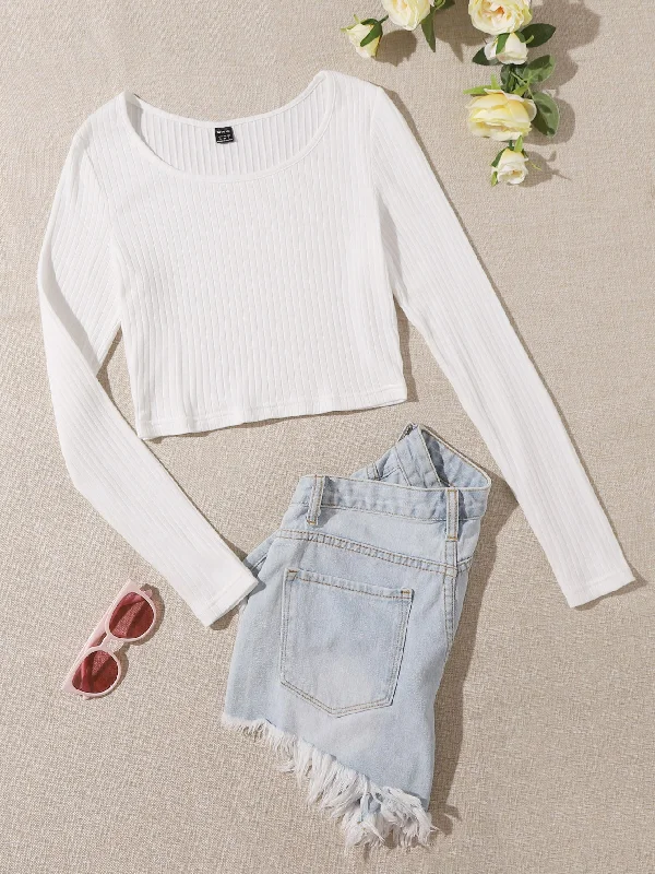 Casual Plain Rib-Knit Long Sleeve Round Neck Crop Women T-Shirt