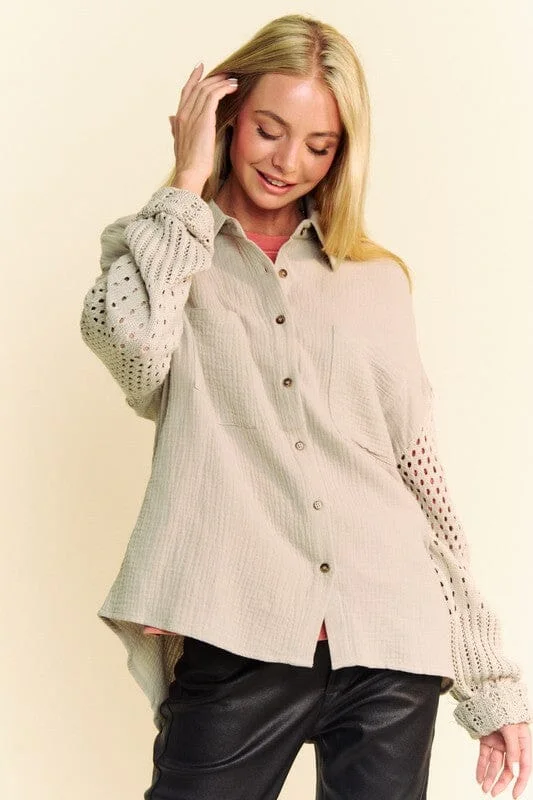 Davi & Dani Crochet Sleeve Crinkled Texture Shirt Vintage Women's 1970S 