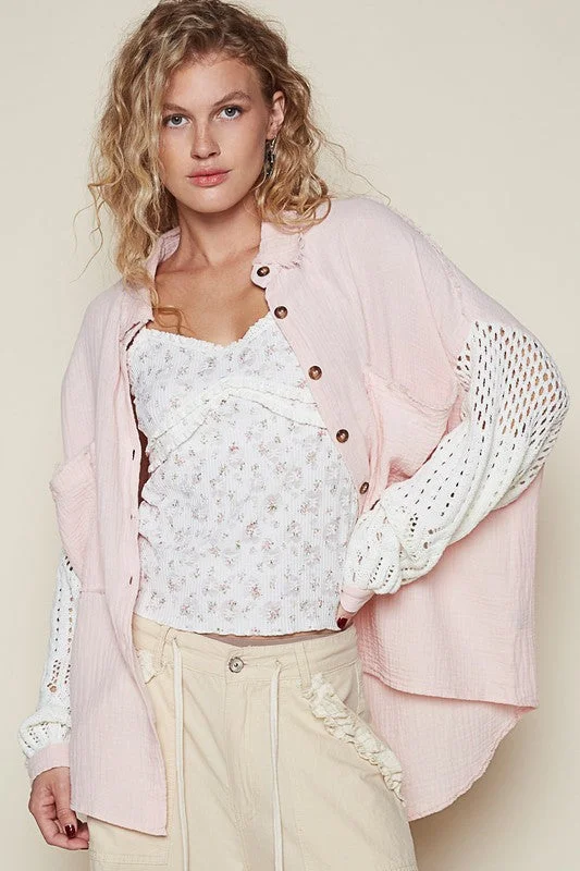 POL Openwork Lantern Sleeve Button Down Gauze Shirt purpose