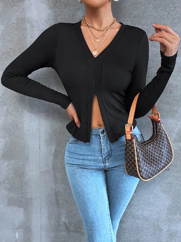 Casual Plain Rib-Knit Long Sleeve V Neck Slit Crop Women T-Shirt