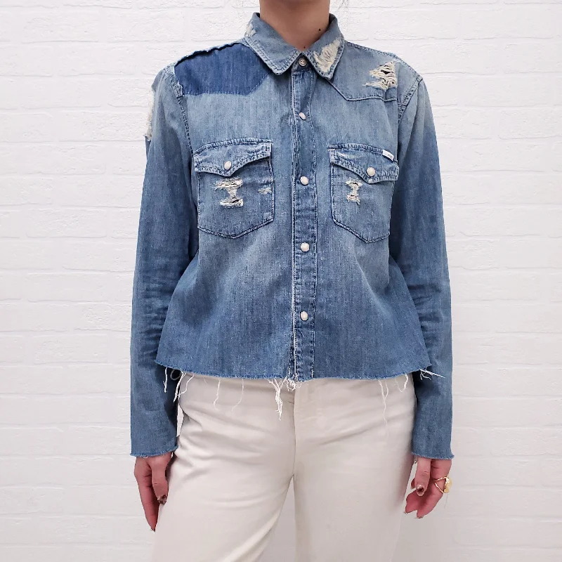 MOTHER DISTRESSED DENIM CROPPED SHIRT - SIZE M