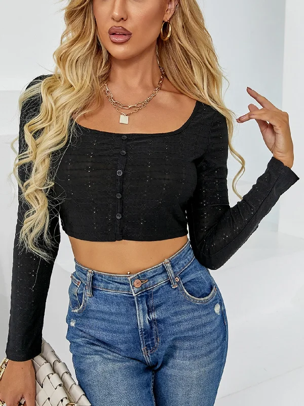 Sexy Plain Button Front Long Sleeve Scoop Neck Crop Women T-Shirt