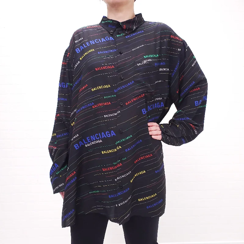 BALENCIAGA BLACK SILK MULTICOLOUR LOGO BLOUSE - SIZE 40