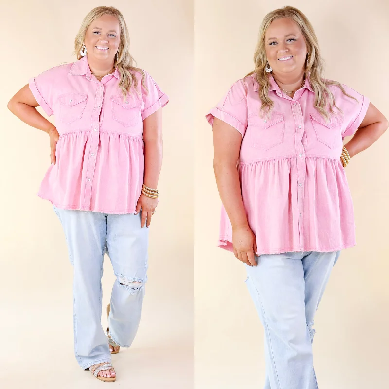 Forever and Ever Button Up Short Sleeve Denim Babydoll Top in Washed Pink