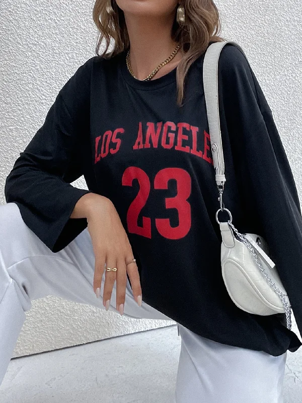 Casual Letter Long Sleeve Round Neck Regular Women T-Shirt