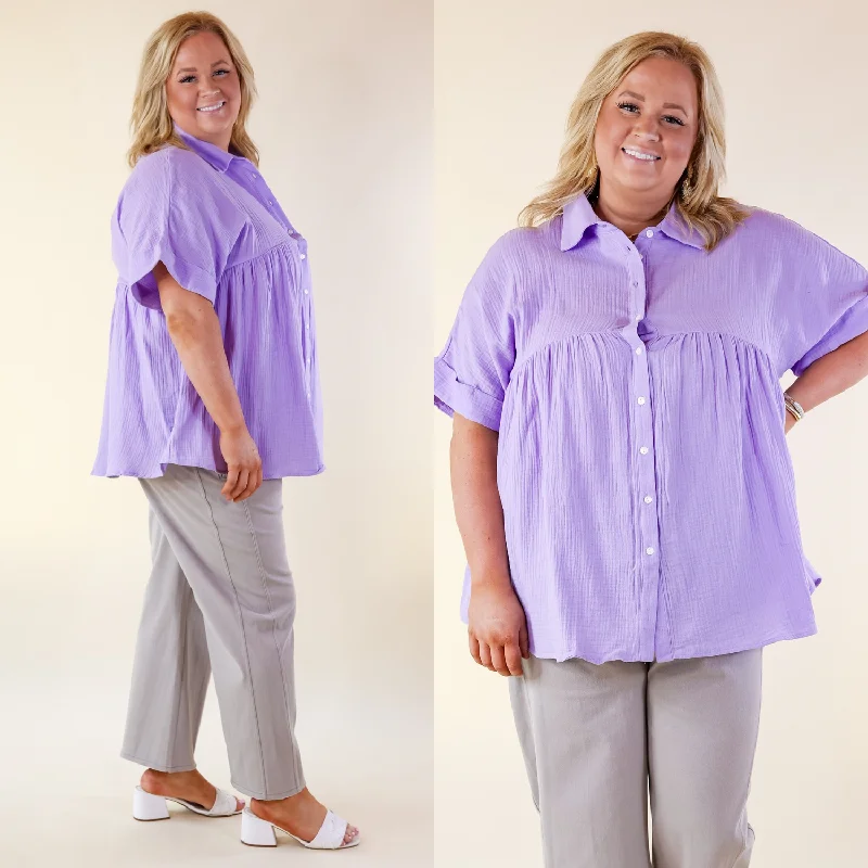 Mellow Mood Collared Button Up Babydoll Top in Lavender Purple