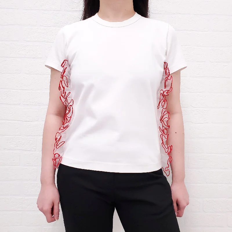 NOIR KEI NINOMIYA X COMME DES GARÇONS WHITE AND RED RUFFLE T-SHIRT - SIZE S