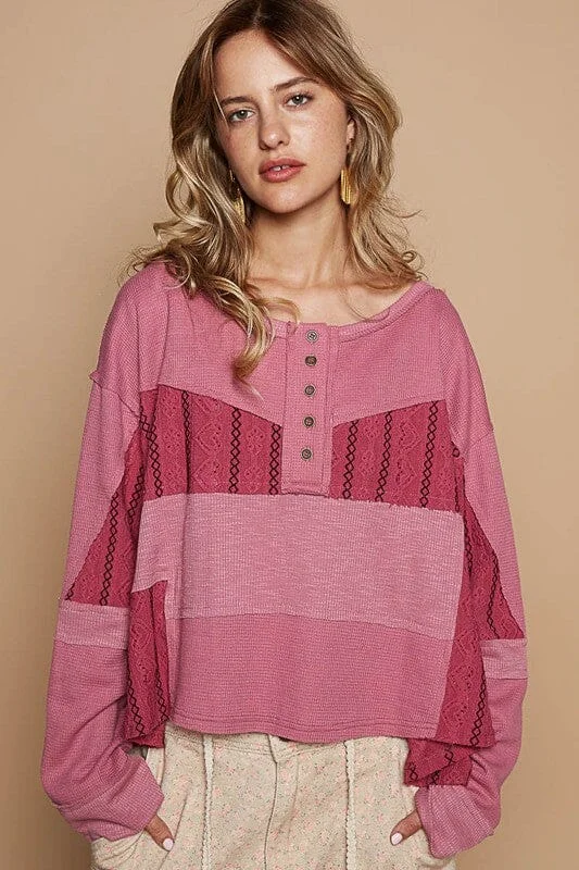POL Half Button Color Block Drop Shoulder Knit Top Laid - back Women's Vibe