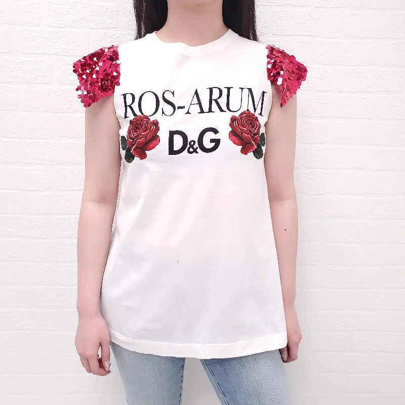 DOLCE & GABBANA ROSE PRINT T-SHIRT WITH SEQUINS - SIZE 38