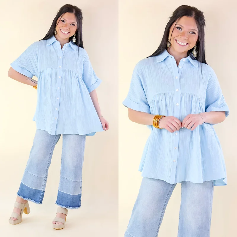 Mellow Mood Collared Button Up Babydoll Top in Airy Blue