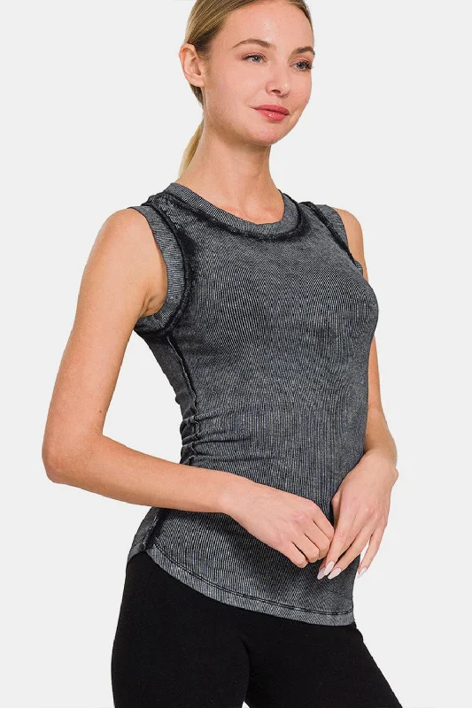 Zenana Washed Ribbed Round Neck Slim Tank Classic Women's Tweed