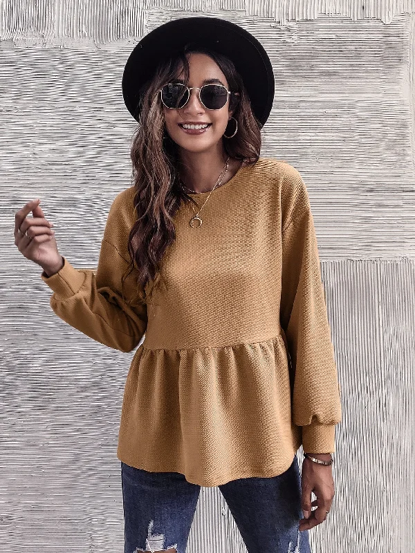 Casual Plain Ruffle Hem Long Sleeve Round Neck Flared Regular Women T-Shirt