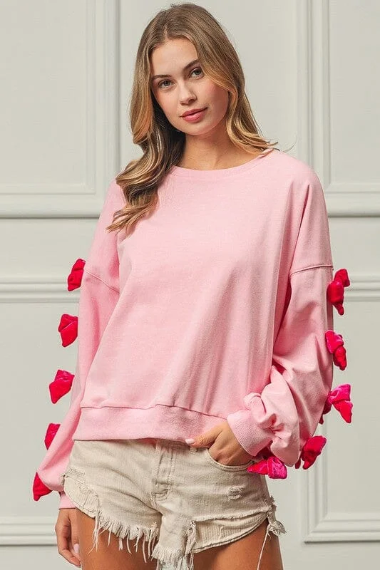 BiBi Velvet Ribbon Bows Long Sleeve Round Neck Sweatshirt Tough Women's Military - inspired