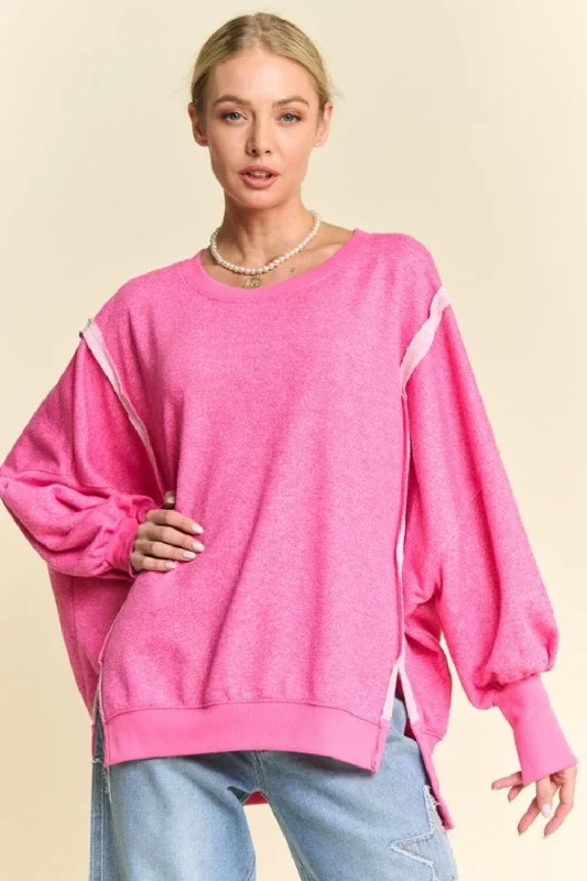 Davi & Dani Side Slit High-Low Lantern Sleeve Knit Top Cozy Women's Sherpa - lined