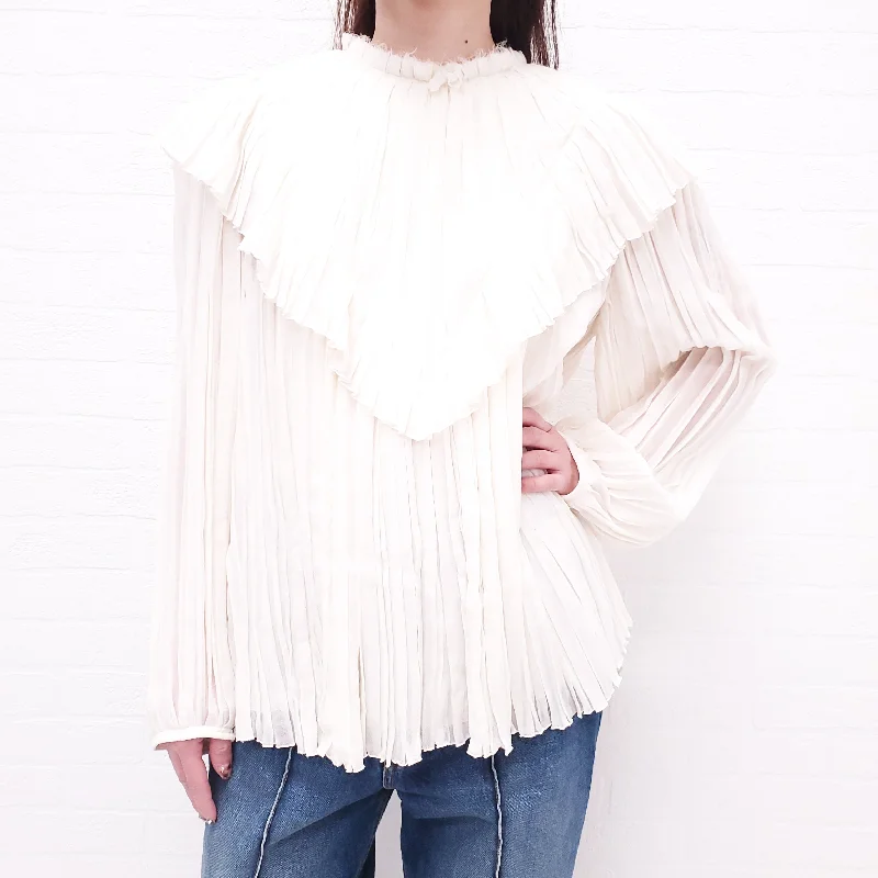 CHLOÉ CREAM PLEATED RUFFLED WOOL-GAUZE BLOUSE - SIZE 42