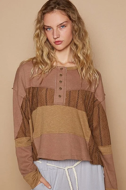 POL Half Button Color Block Drop Shoulder Knit Top Stylish Women's Neon