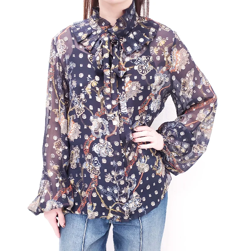 CHLOÉ NAVY SILK FLORAL BLOUSE WITH METALLIC POLKA DOTS AND TIE - SIZE 40